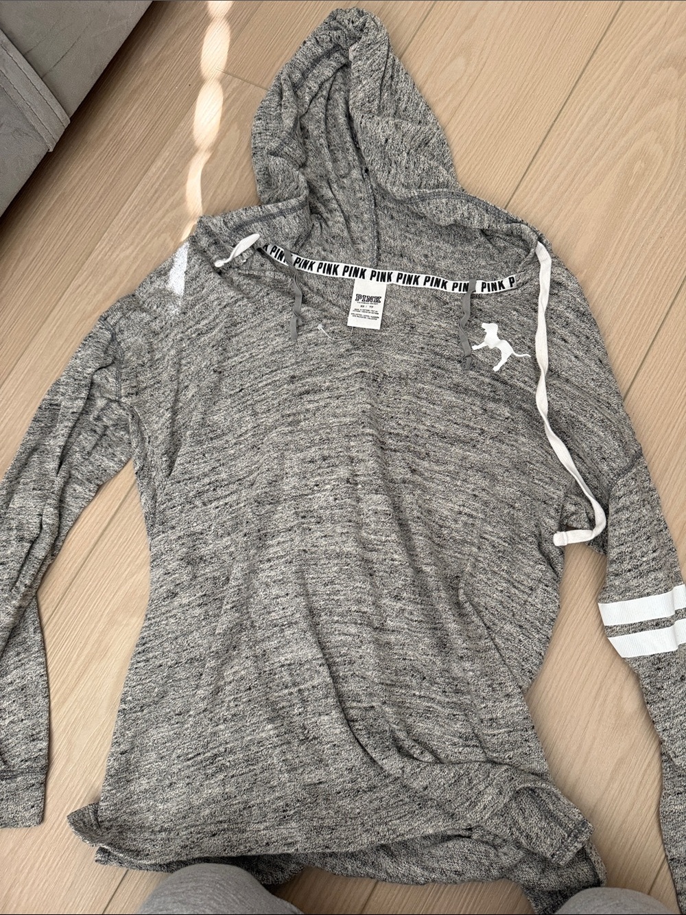 PINK Victoria's Secret Marled Gray Hooded Pullover with Stripe Detail